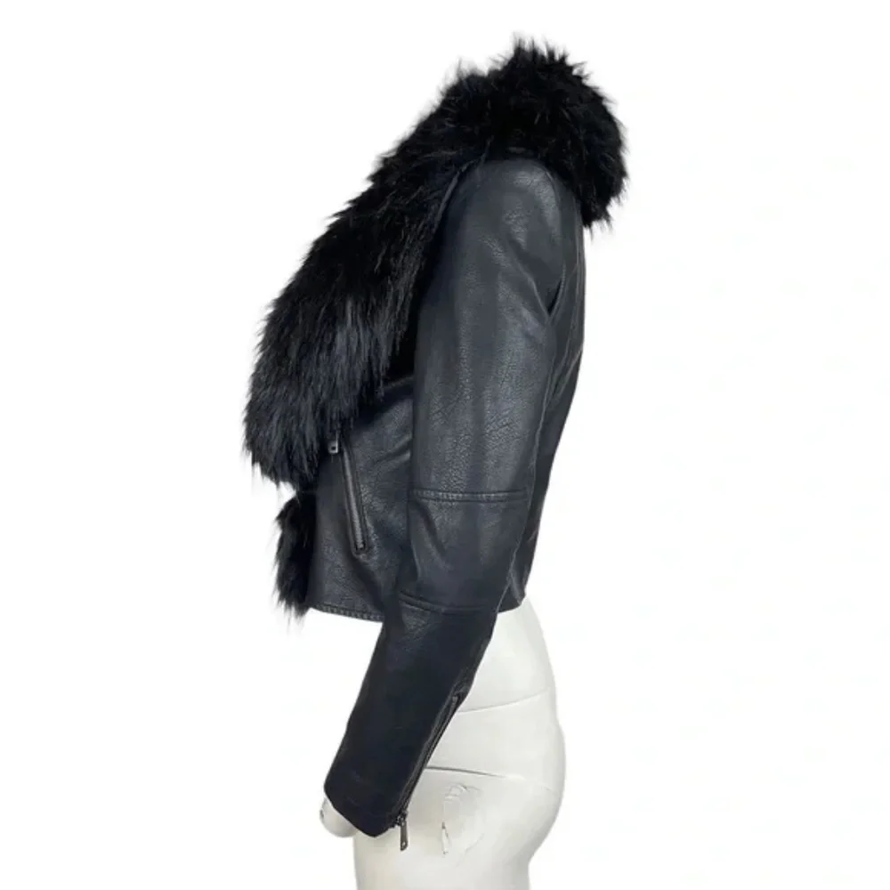 Black Vegan Leather Jacket Faux Fur Collar Belted Y2K Glam NWT